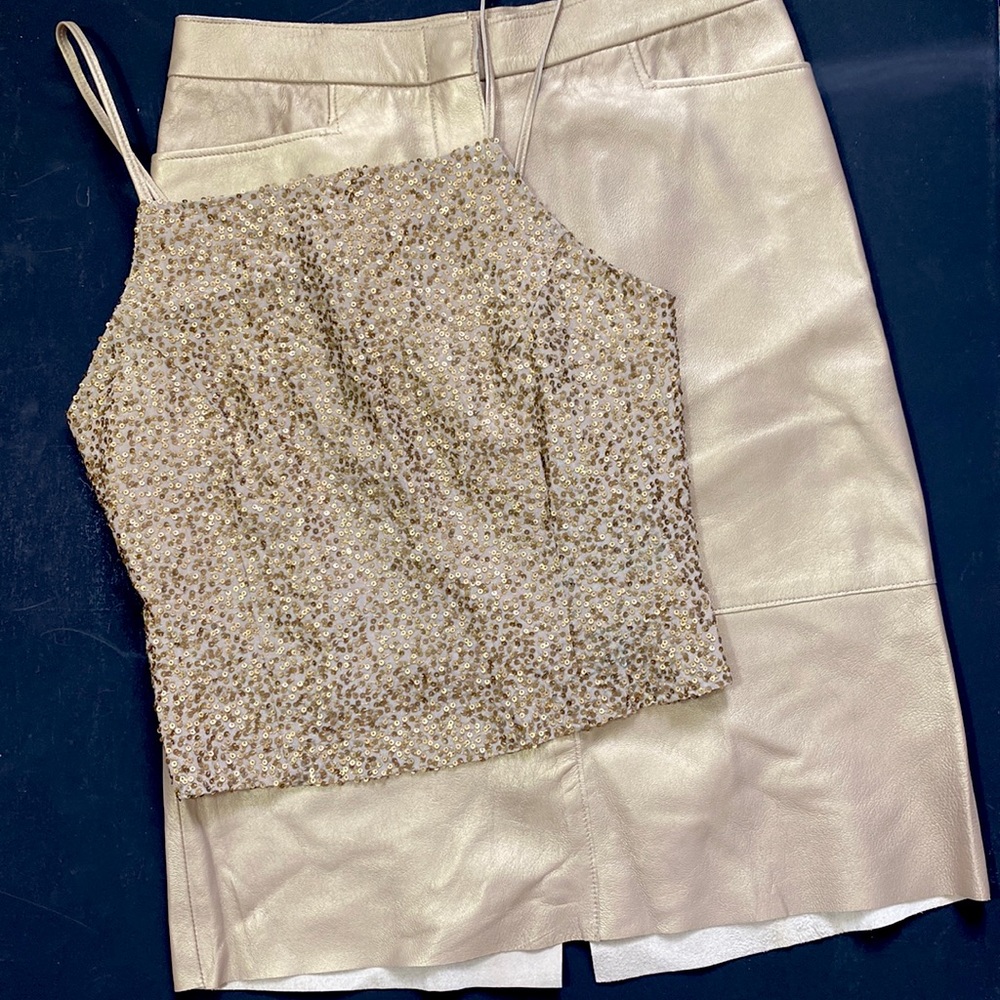 Vintage St. Vincent Gold Sequin and Leather skirt/top SET